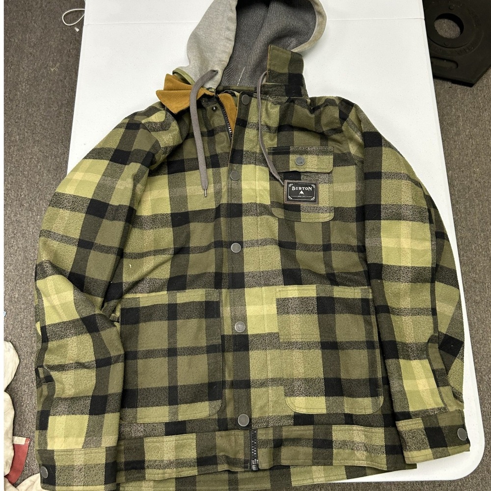 Burton Snowboard Jacket Mens Small Green Plaid Dryride Thermolite Hooded